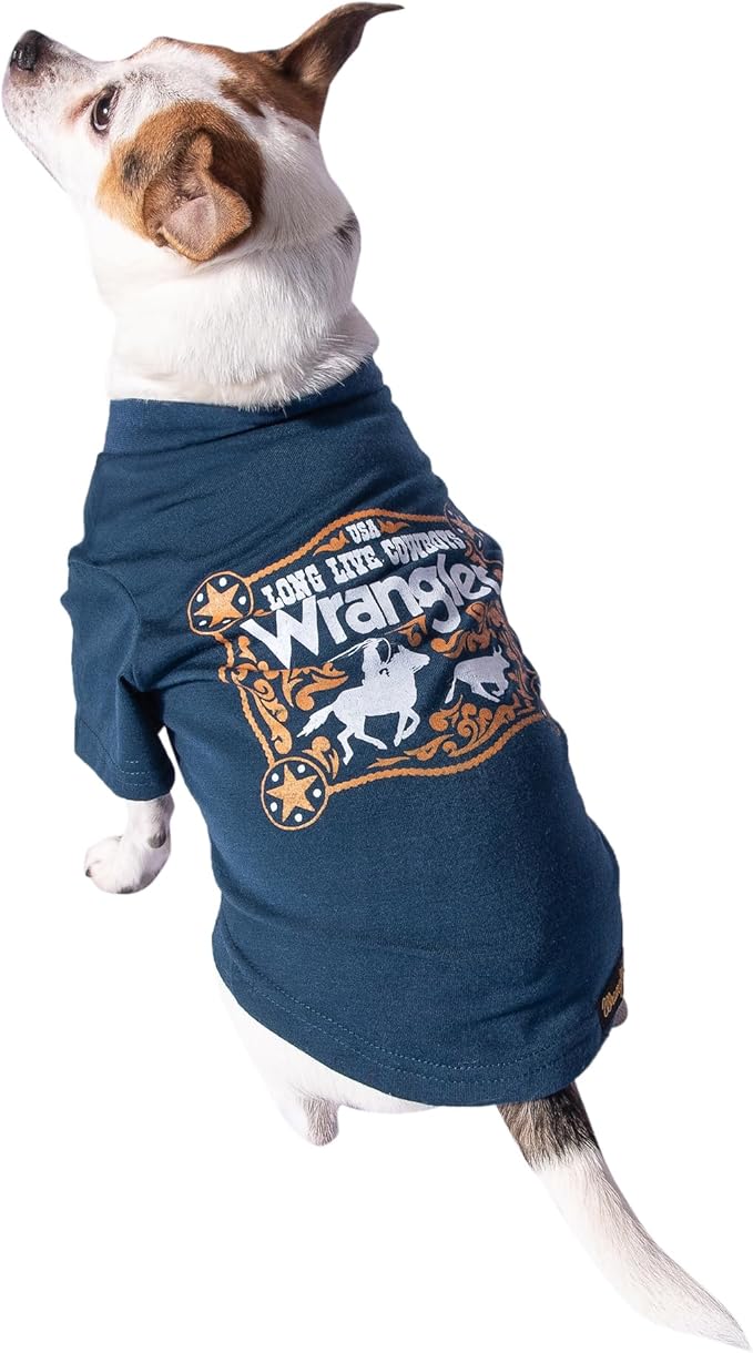 Wrangler Dog Shirt – Western Cowboy Rope Logo Pet Tee for Small to XL Dogs – Pull-on Machine Washable Dog T-Shirt (Navy, S)