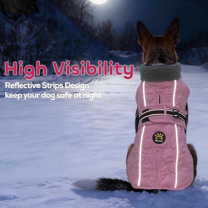 Dog Winter Coat, Adjustable Quilted Dog Snow Jacket with Fleece Lining, Water Resistant Pet Apparel for Cold Weather, Warm Large Doggie Coat with Leash Hole and Reflective Strip, NewPink L