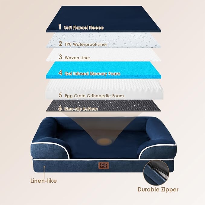 EHEYCIGA Orthopedic XL Dog Beds, Waterproof Memory Foam Dog Bed for Extra Large Dogs, Non-Slip Bottom and Egg-Crate Foam Big Pet Couch Bed with Washable Removable Cover, Navy