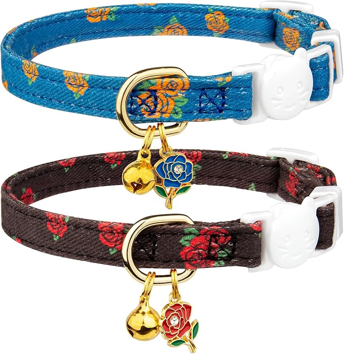2 Pack Cotton Breakaway Cat Collar Blue and Black Rose Pendant Cute Kitten Cat Collar with Bell