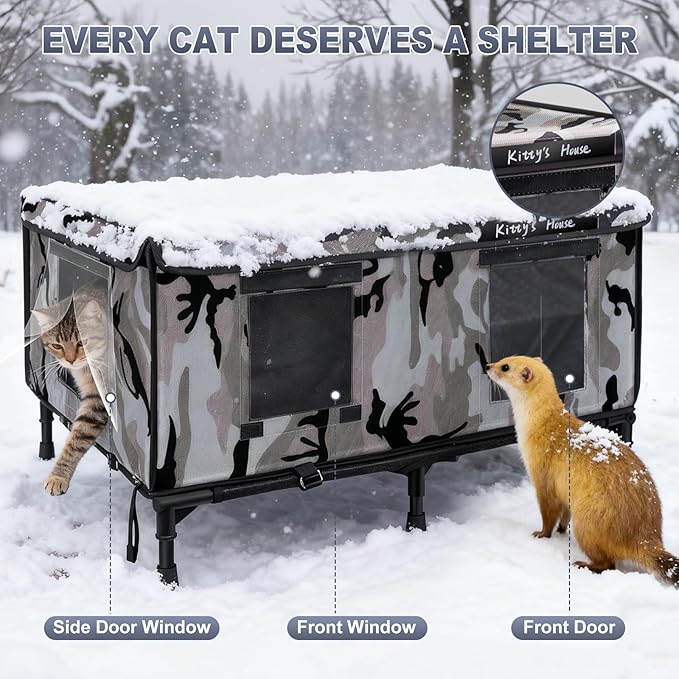 Outdoor Cat House - Weatherproof Outdoor Cat Shelter with 2 Doors & Rain Cover, Waterproof Cat House for Feral Cats & Stray Pets (32"x22"x18") - Unheated