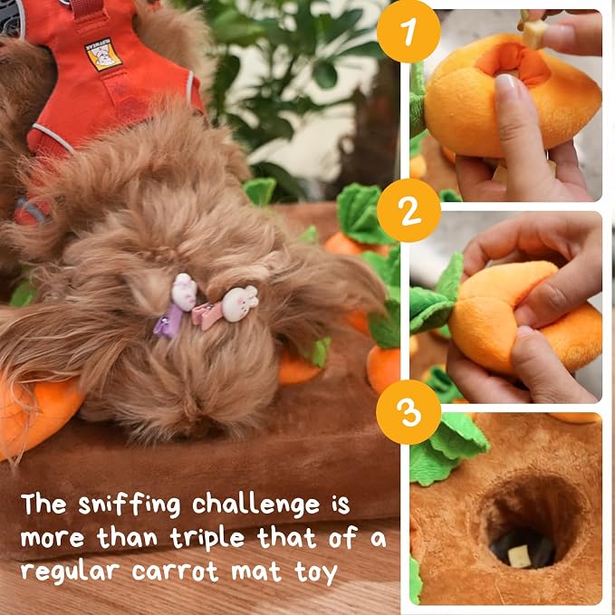 CECE PAW Dog Enrichment Puzzle, Interactive Squeaky Carrot Farm Snuffle Mat for Mental Stimulation and Puppy Brain Training, Small, Medium and Large Dogs (Upgraded Carrots with Treat Pockets)