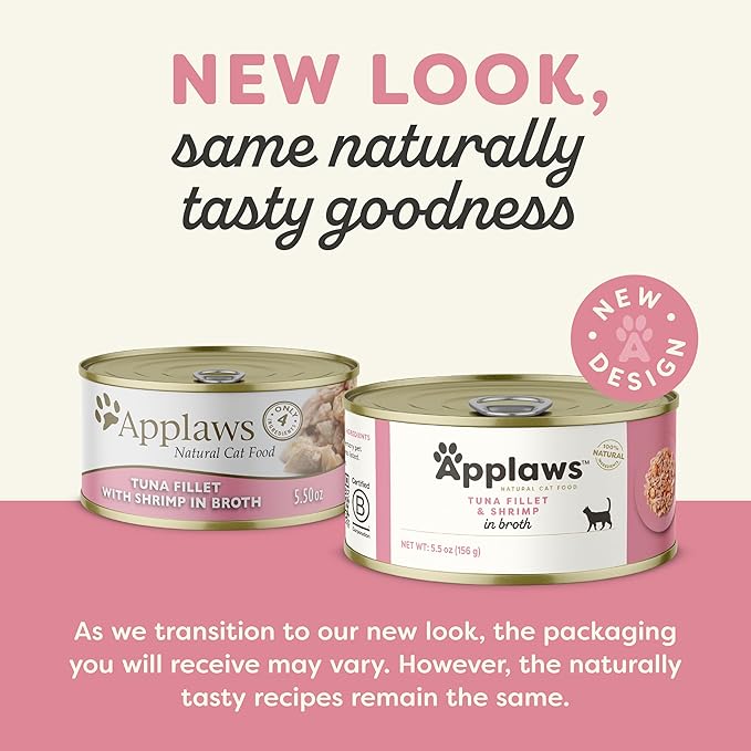 Applaws Natural Wet Cat Food, 24 Count, Limited Ingredient Canned Wet Cat Food, Tuna Fillet with Shrimp in Broth, 5.5oz Cans