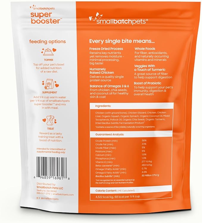 smallbatch Freeze Dried Dog Treats, Superfood Food Topper Chicken Bites for Dogs & Cats, Probiotics, Organic Ingredients, High Protein, Grain Free Healthy Treat Food Topper, Made in The USA, 7 oz Bag