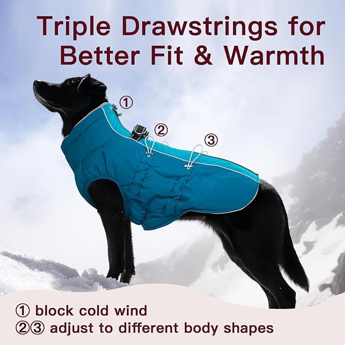 Dog Winter Jacket - 3X Large, Warm Zip Up Snowsuit Dog Harness Vest, Reflective, Water-Resistant, Green