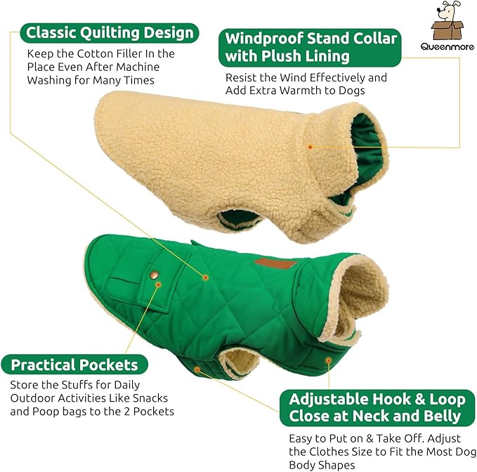 Queenmore Warm Dog Coat, Cold Weather Puffer Dog Coat Vest, Quilting Winter Pet Jacket Ultra Thick Plush Fleece Lining Pet Clothes for Dogs with Storage Pockets (Forest Green, Medium)