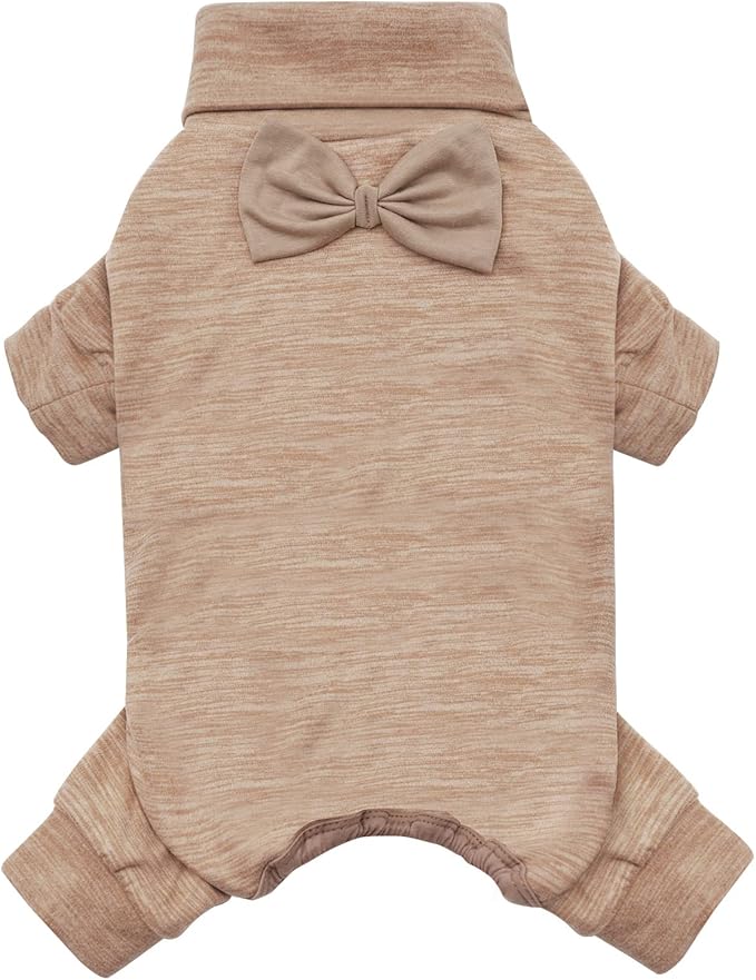 KYEESE Pajamas for Small Dogs - Turtleneck Stretchy Pjs Sweater, Super Soft Warm Material Coats With Bowtie, Onesie Cold Weather Coat, Khaki, S
