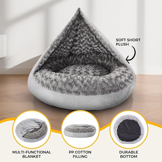 Cave Dog Bed with Blanket Donut Round Plush Cozy Cat Pet Bed for Puppy Machine Washable Removable Cover Cat Anti-Slip Bottom Gray 26X26X8 inch