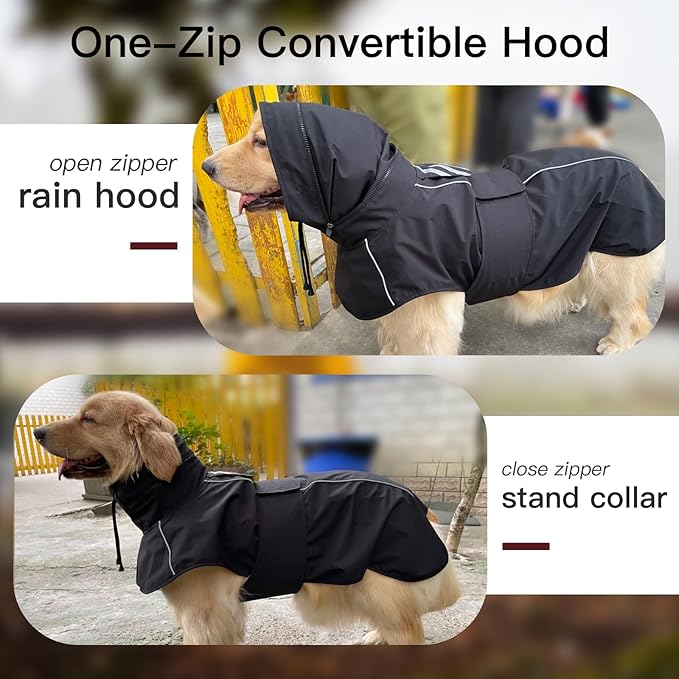 Dog Raincoat, Waterproof Rain Jacket for Large Dogs Poncho with Leash Hole Convertible Hood/Collar Reflective Rain Coat, Lightweight Breathable Stay Secure Walking (Black, XXXL)