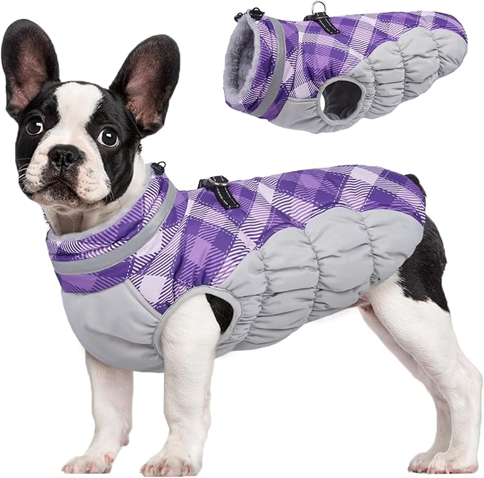 FUAMEY Dog Coat for Small Dogs,Waterproof Dog Winter Jacket with Harness Built in Puppy Cold Weather Coats Reflective Pet Vest with Zipper Warm Fleece Dogs Snowsuit Windproof Purple Plaid S
