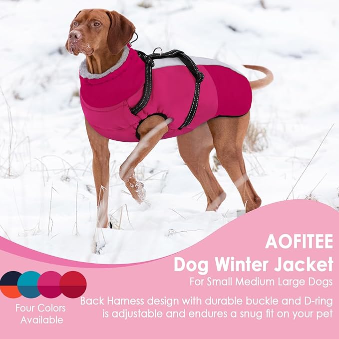 AOFITEE Dog Coat for Large Dogs, Waterproof Dog Winter Jacket with Built in Harness, Warm Turtleneck Cold Weather Coats Large, Reflective Fleece Lined Snow Jacket for French Bulldog, Boston Terrier, L