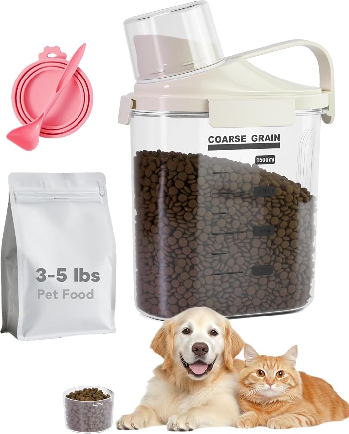 3-5lb Dog Food Storage Containers, Cat Food Container for 3-5 lbs, Dog food storage Airtight Storage with Measuring Cup, Can Lid and Can Scoop