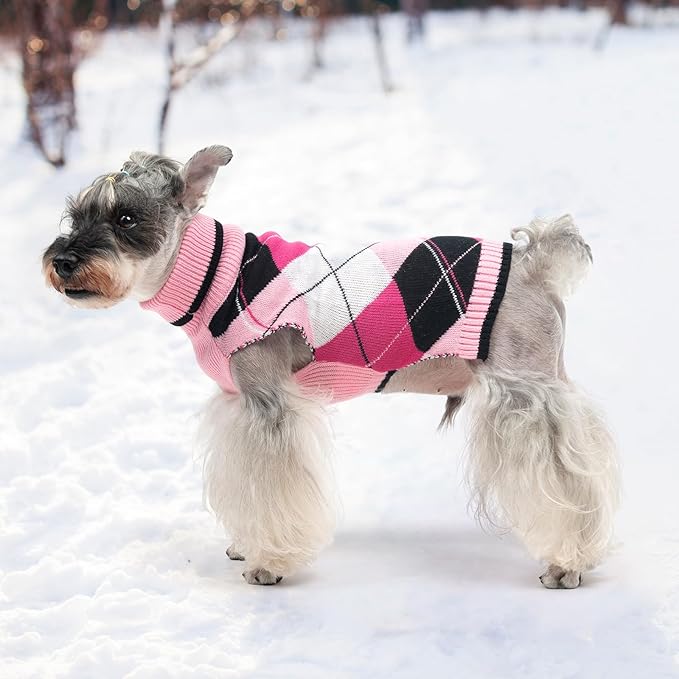 KOOLTAIL Dog Sweater for Small Dogs, Puppy Knitted Clothes - Classic Plaid Pullover Turtleneck Thick Warm Fall Cat Sweaters with Leash Hole, Dog Winter Clothes for Chihuahua Dachshund Girls Boys, XS