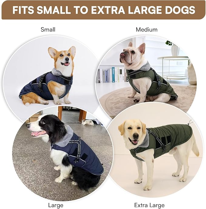 Queenmore Small Winter Dog Coat with Harness Built-in, Waterproof Winter Jackets for Small Dogs, Puppy Warm Puffer Jacket for Snow Weather - Fleece Reflective Easy On Hook & Loop Closure, Green S