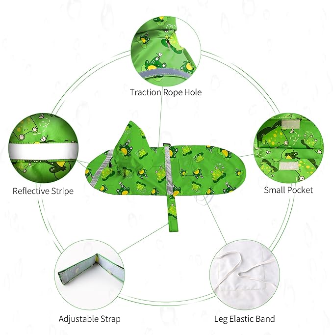 NACOCO Large Dog Raincoat Adjustable - Pet Frog Water Proof Clothes Lightweight Rain Jacket Poncho Hoodies with Strip Reflective Green (3XL, Green Frog)