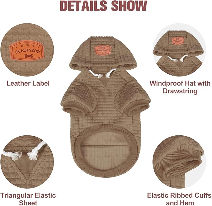 BEAUTYZOO Small Dog Hoodie Sweater with Pockets, Dog Clothes for Small Medium Dogs Boy Girl, Waffle-Like Laminated Cotton Pet Coats with Hat and Leash Hole, Khaki XXS