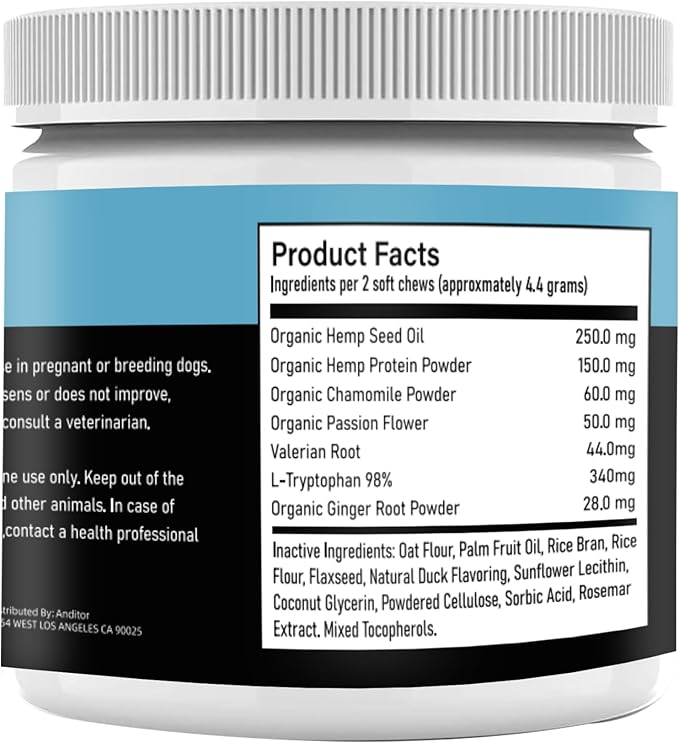Calming Treats for Dogs with Organic Hemp Oil, Tryptophan, Chamomile, Passion Flower & Valerian - Stress & Anxiety Relief for Separation, Travel, Fireworks, Storms and Barking - 120 Soft Chews..