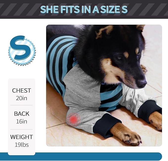 FUAMEY Dog Recovery Sleeve with Elbow Protector,Dogs Shirt Stop Licking Joints,Pet Long Sleeve Suit Protecting Dog's Front Leg Arm Wounds Cover Skin Conditions Blue Stripe M