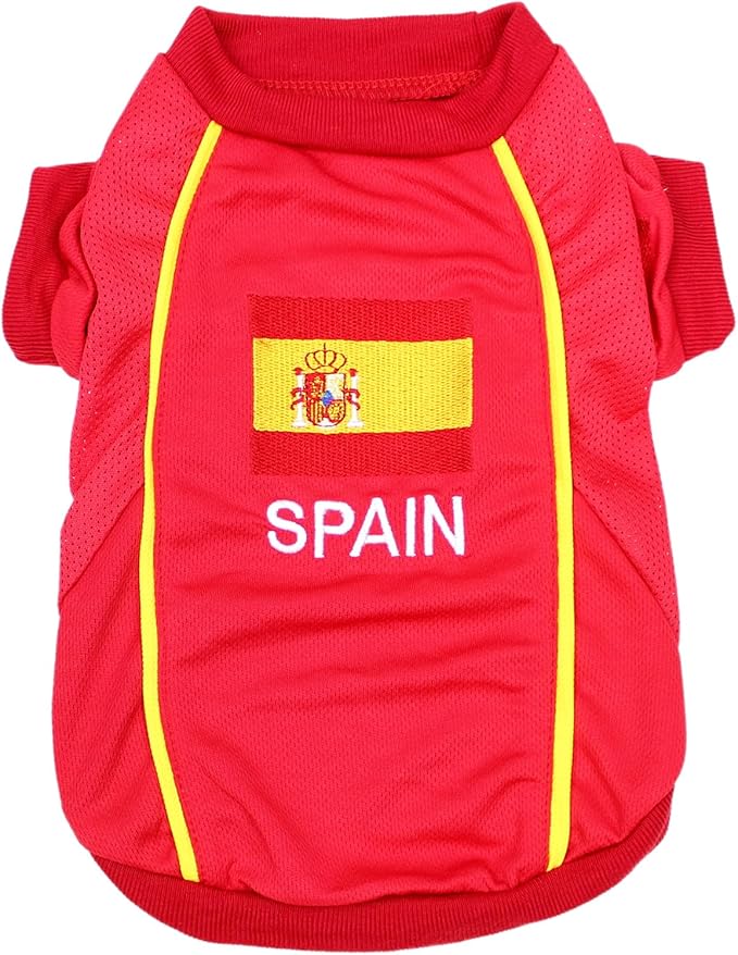 Parisian Pet Dog Jersey - Embroidered “ Spain “ Breathable Mesh Fabric Dog Sports Costume - Football, and Olympic Sportswear Pet Clothes - Lightweight Dog Jerseys for Small Dogs - XS