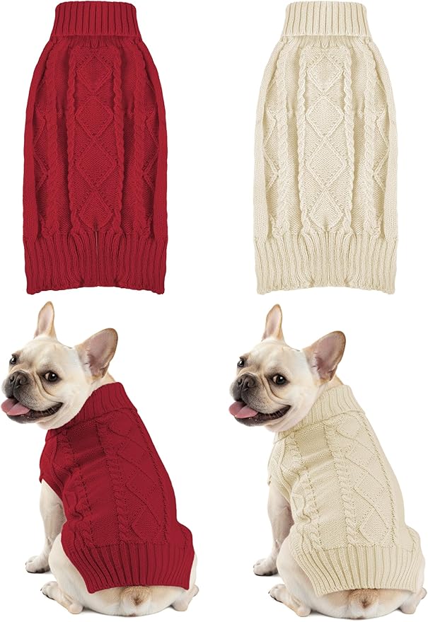 2PCS Dog Christmas Sweater, Soft Warm Pet Clothes Coat for Small Medium Large Dogs and Cats Boy Girl, Fall Cozy Holiday Turtleneck Knitting Collar Pullover Pup Outfit Costume for Thanksgiving New Year