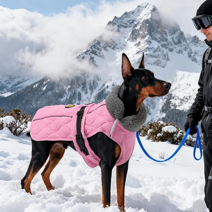 Dog Winter Coat, Adjustable Quilted Dog Snow Jacket with Fleece Lining, Water Resistant Pet Apparel for Cold Weather, Warm Large Doggie Coat with Leash Hole and Reflective Strip, NewPink L