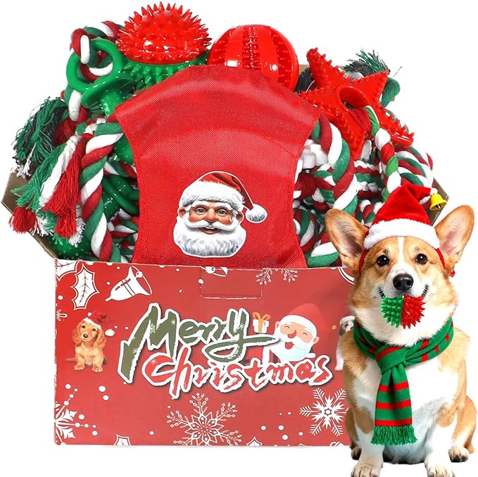 Christmas Dog Toys 15 Pack for Teeth Cleaning and Fun, Puppy Teething Chew Toy with Gift Box, Tug Rope Balls & Rubber Rings Bulk– Variety Dog Gifts Set Reduce Anxiety & Save Furniture