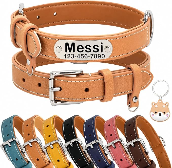 Personalized Genuine Leather Dog Collar with Name Phone Number-Khaki-M