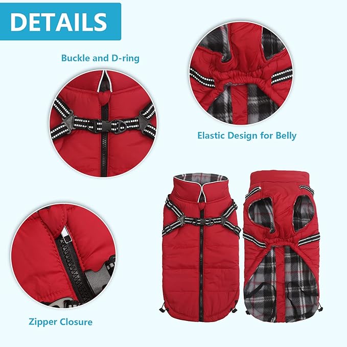 Geyecete Winter Warm Coat Waterproof Dog Jacket with Harness Traction Belt,Pet Outdoor Jacket Dog Autumn and Winter Clothes-Red-XL