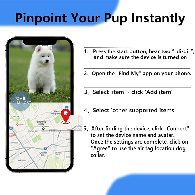 Smart Tracker Dog Collar, Waterproof Dog Collars Holder with Tracker Tag for Apple Find My (iOS Only) Reflective Pet Dog Collar Tracking for Small Medium Large Dogs (SkyBlue, M)
