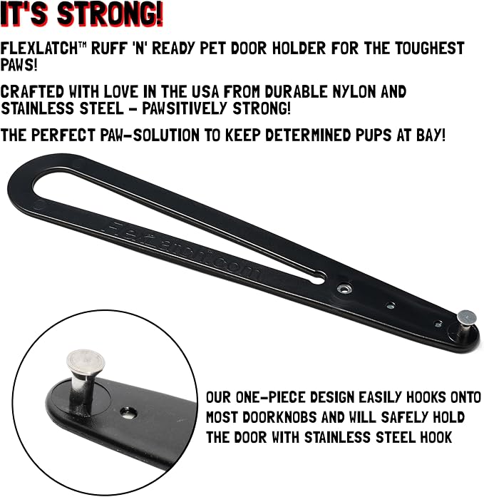 FlexLatch Cat Door Holder Latch - Black Cat Door Alternative Installs Fast Flex Latch Strap Let's Cats in and Keeps Dogs Out of Litter & Food. Safe Baby Proof One Piece No Measuring Extra Easy