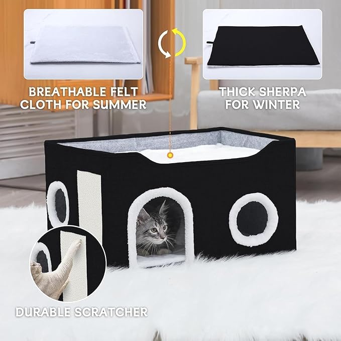 Gosipeya Cat House for Indoor Cats – Foldable Cat Cave & Covered Cat Bed, Cozy Hideaway for Small Pets and Large Cats (23.6"x16"x12.8"),Black