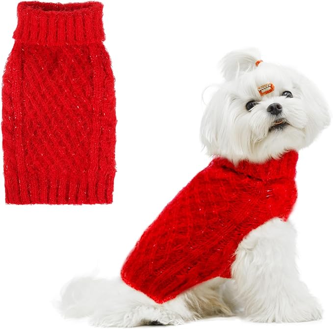 Turtleneck Small Dog Sweaters - Classic Cable Knitwear Winter Coat for Small Medium Dogs Male Female Puppy Dog Cold Weather Clothes Girls Boys, Red, XS
