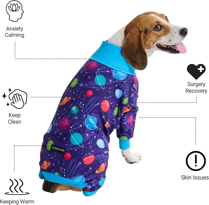 Spark Paws Dog Pajama, Dog Recovery Suit Male, Onesie, Ultra-Soft and 4-Way Stretch, for Small Medium and Large Breeds - Planets - 3XL