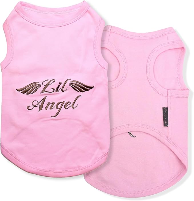 Parisian Pet Dog Tshirt - Embroidered “ Lil Angel “ Dogs Apparel - 100% Cotton, Lightweight Puppy Clothes Female - Pink Doggy Tee Shirts - Sleeveless Dog Shirts for Small Dogs Girl - S