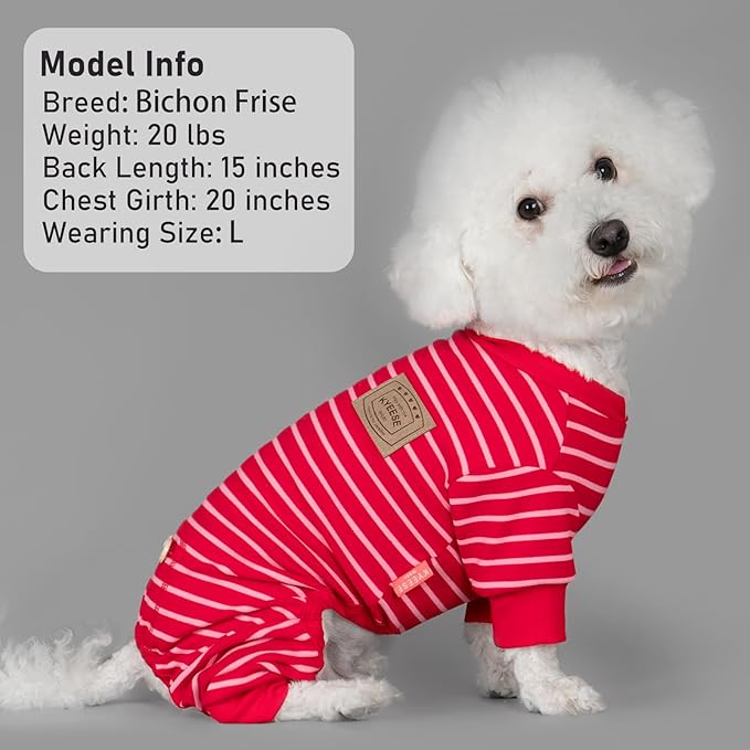 KYEESE Dog Pajamas, Stretchable Velvet Fleece 4 Legs Doggie Onesie, Striped Dog PJS for Small Dogs, Soft Cozy Pet Outfit Puppy Pajamas, Comfortable Sleepwear Cat PJS, Red Striped, X-Small