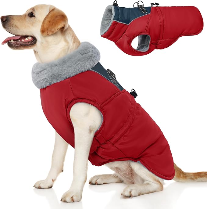 ROZKITCH Dog Jacket for Cold Weather, Dog Coat for Autumn Winter with Turtleneck, Pet Clothes with Adjustable Buckles, Soft Warm Pet Clothing with Reflective Strip for Medium Large Dogs Red L