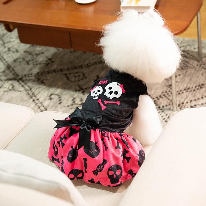 CuteBone Halloween Skulls Dog Dress Velvet for Small Dogs Girl Puppy Dresses Pink Dog Clothes CVA02M-D