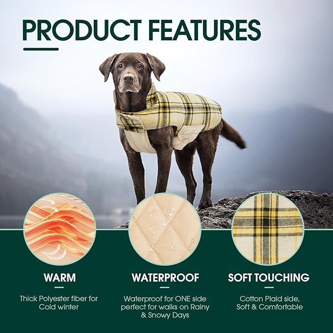 Kuoser Waterproof Dog Coat, Reversible Dog Jacket for Small Dogs, Adjustable Durable Doggie Winter Coat Warm Cozy Puppy Cold Weather Apparel from Small to Large Breed, Yellow S