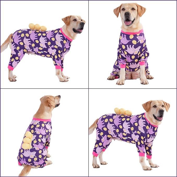 LovinPet Large Dog Pajamas, Four-Leg Stretch Onesie Bodysuit, Lightweight UV-Shielding Pajamas, Anti-Lick Calming Recovery Suit for Surgery, 3D Dino Egg Spikes, Easy on/Off， Purple， 3XL