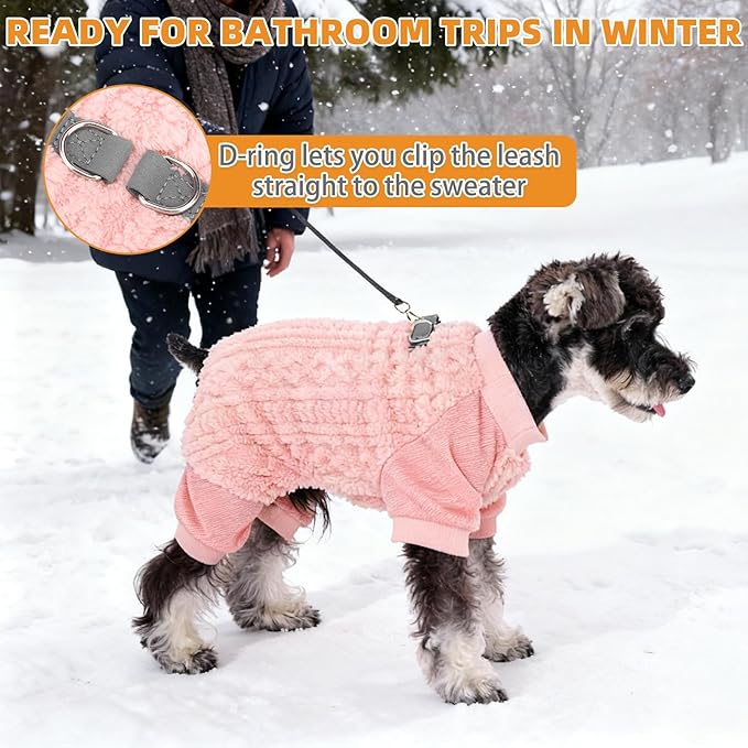 KOOLTAIL Small Dog Pajamas - Fleece Dog Sweater with Leash D-Ring, Winter Warm Puppy Clothes Cold Weather Coats for Cats Small Medium Dogs, Super Soft Cozy Pet Pjs Jumpsuit for Boys Girls, Pink SM