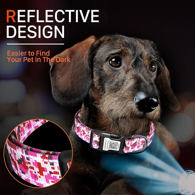 Personalized Dog Collar with QR Code Dog Tag, Camo Rose Red S | Anti-lost, 1000D nylon, reflective, padded, XS-L(8"-24"), QR buckle shares lost pet profile, location alerts when scanned