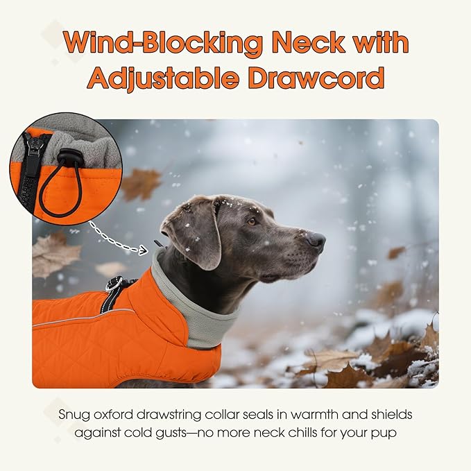 QBLEEV Dog Coat for Large Dogs, Winter Warm Fleece Vest, Waterproof & Windproof with Adjustable Fit, Built-in Harness, Reflective Trim & Zip-Up for Safe Cozy Walks — Orange, XL, for Pitbull, Boxer