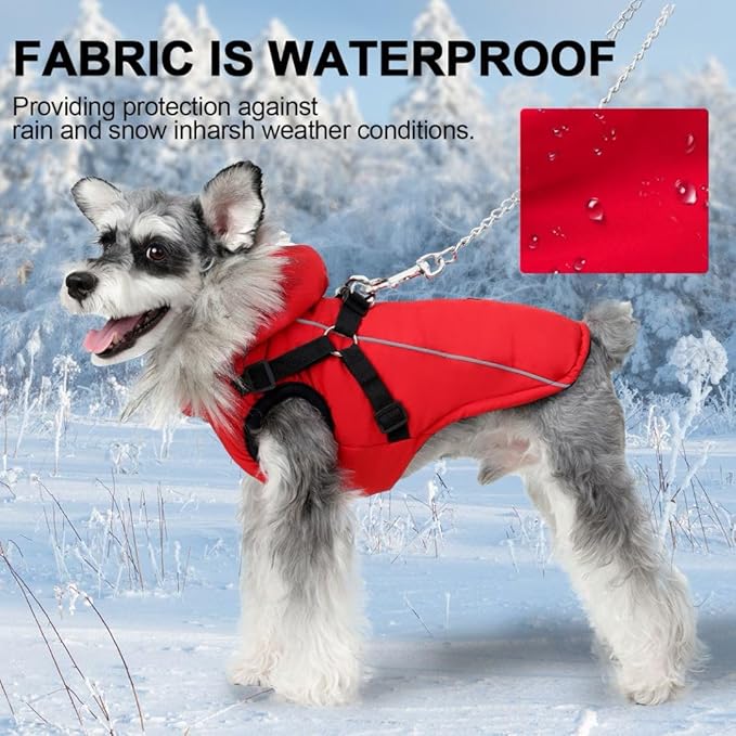 PINA Dog Coat with Built in Harness, Dog Jacket with Faux Fur Hood, Dogs Vest with Reflective Strap for Small Medium Large Dogs, Red, XL
