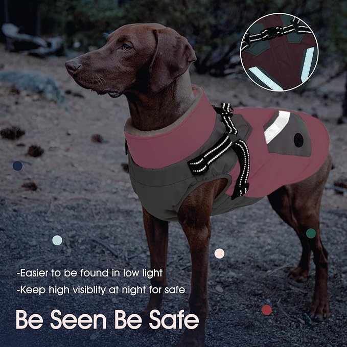 IECOii Large Dog Coat with Harness Built in - Pink, Large - Waterproof Windproof Dog Winter Coat, Fleece Lined Zip Snow Jacket for Dogs Thermal Outdoor Snowsuit Cold Weather Jackets Bulldog