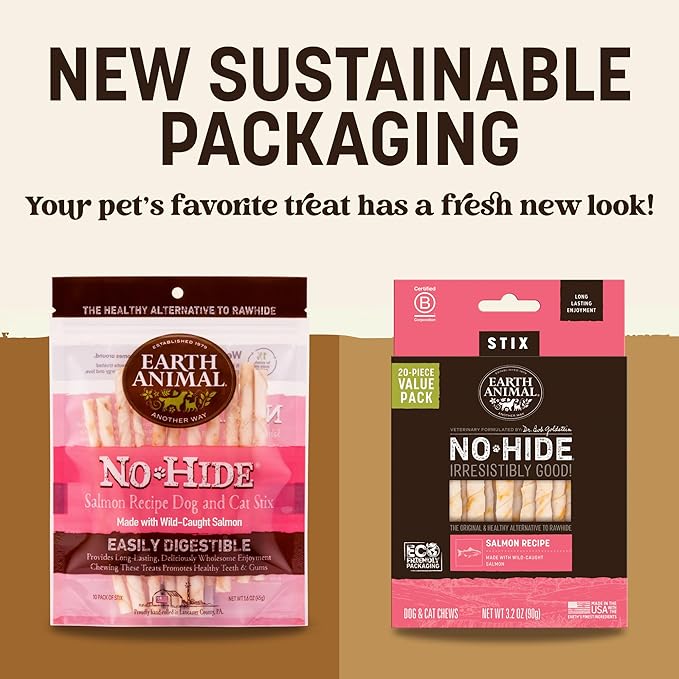 Earth Animal No Hide Stix - Long Lasting Rawhide Free Small Dog Chews Sticks, Salmon - 20 Count Value Pack