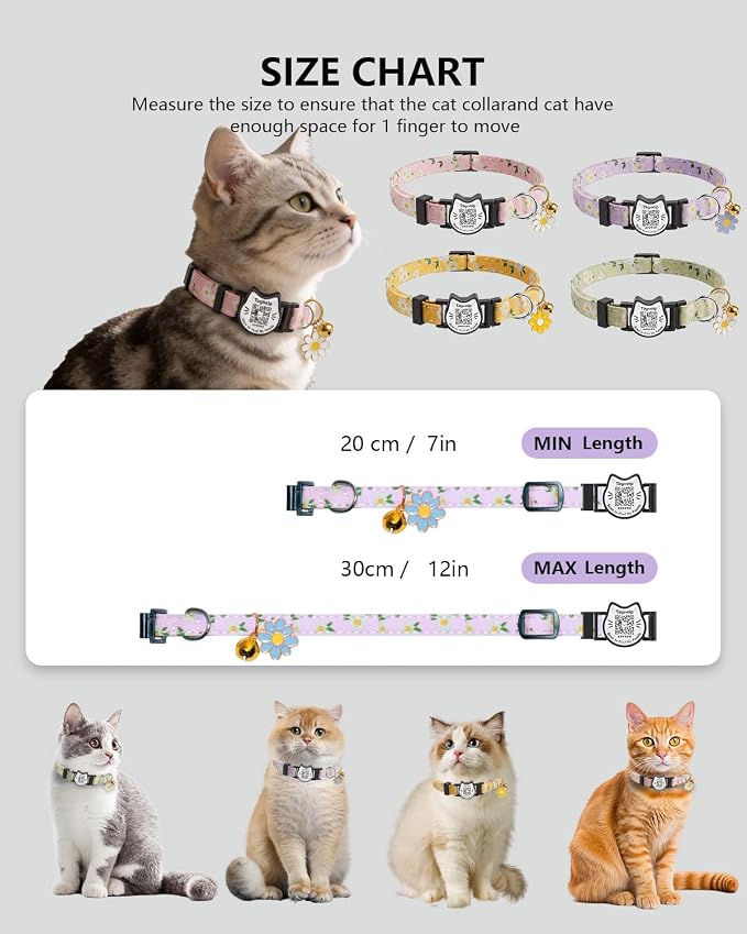 Breakaway Cat Collar with QR Code Tag and Bell (Pink & Purple, Pastoral Style)