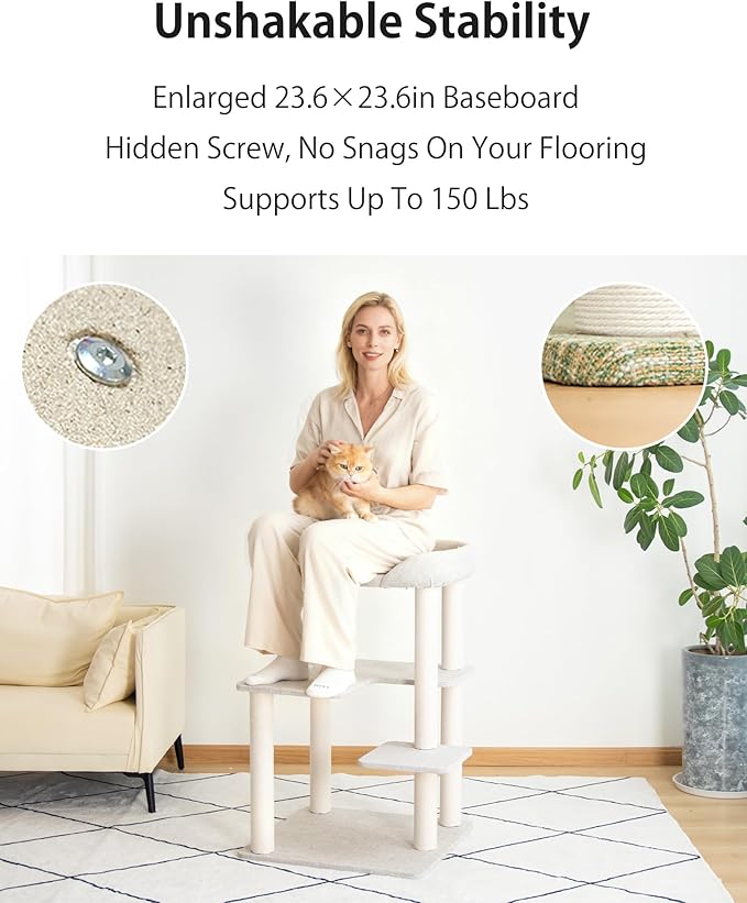 LULUCAT Cat Tree Tower 37.4'' (95 cm) with Scratching Posts,Multi-Level Cat Tree Tower with Wide Shelves for Senior Friendly Baby/Large Cats, Scratching Posts(Olive Green)