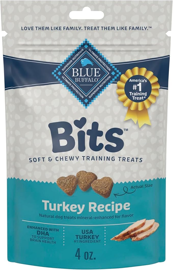 Blue Buffalo Bits Soft Dog Treats for Training, Made with Natural Ingredients & Enhanced with DHA, Turkey Recipe, 4-oz Bag