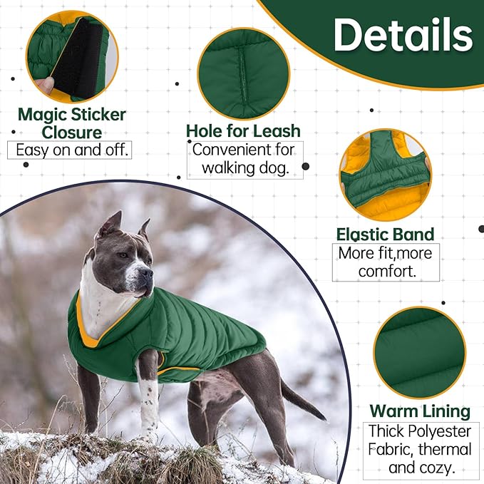 Lelepet Reversible Dog Coat Waterproof Dog Jacket Windproof Puffer Vest for Winter Warm Lightweight Coats for Small Dogs Adjustbale Hook & Loop Pet Apparel with Leash Hole, Chihuahua, Green, XS