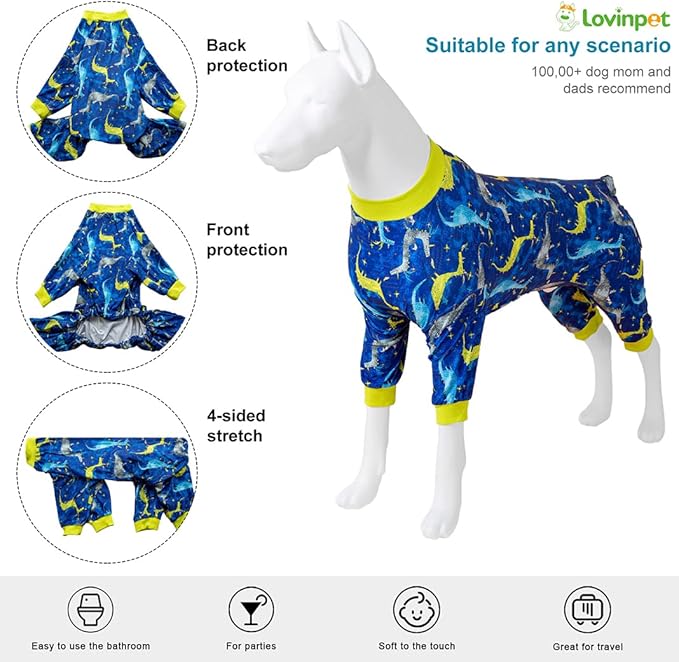 LovinPet Large Dog Pj - Pet Anxiety Calming Shirt, Dog Jammies for After Surgery, Lightweight Fabric, Blue Dragon Print, Pitbull Clothes, Long-Sleeved 4 Leg Style Pullover Dog Onesie, Dark Blue 2XL